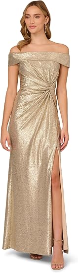 Adrianna Papell Women's Off Shoulder Metallic Gown