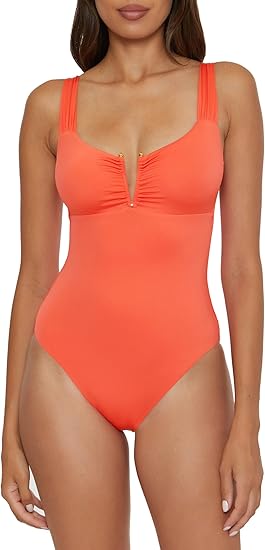 BECCA Women's Standard Color Code V-Wire Shirred One Piece Swimsuit, Plunge Neck, Bathing Suits