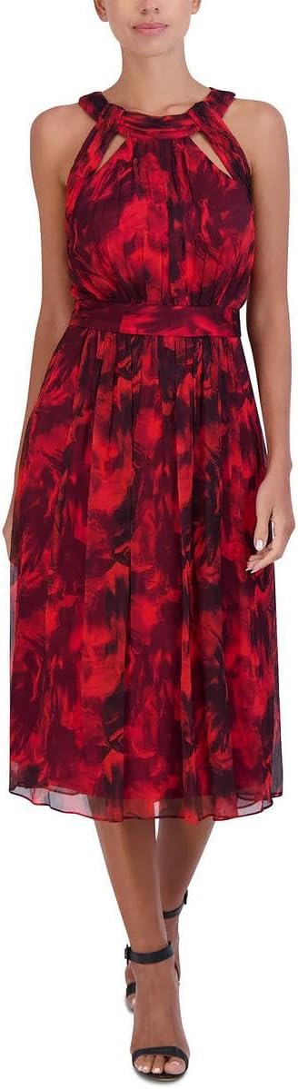 BCBGMAXAZRIA Women's Sleeveless Fit and Flare Midi Dress Halter Neck Cut Out Ruched Skirt