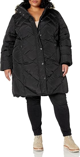 LONDON FOG Women's Plus Size Snap Front Hooded Multi Pattern Quilt Down Coat