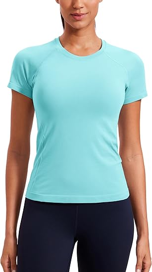 CRZ YOGA Seamless Workout Tops for Women Short Sleeve Athletic Tees Breathable Gym Running Yoga Tshirts Shirts