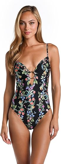 Sunshine 79 Women's Standard Plunge Mio One Piece Swimsuit, Black//Wildflower Vines, 10