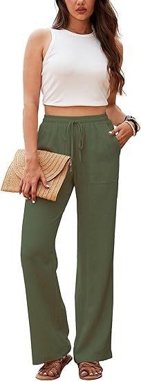 Beautiful Nomad Women's Linen High Waisted Straight Pants Casual Flowy Wide Leg Drawstring Trousers with Pockets