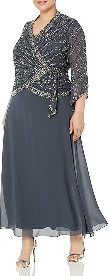 J Kara Women's Petite Long 3/4 Sleeve V-Neck Beaded Faux Wrap Dress