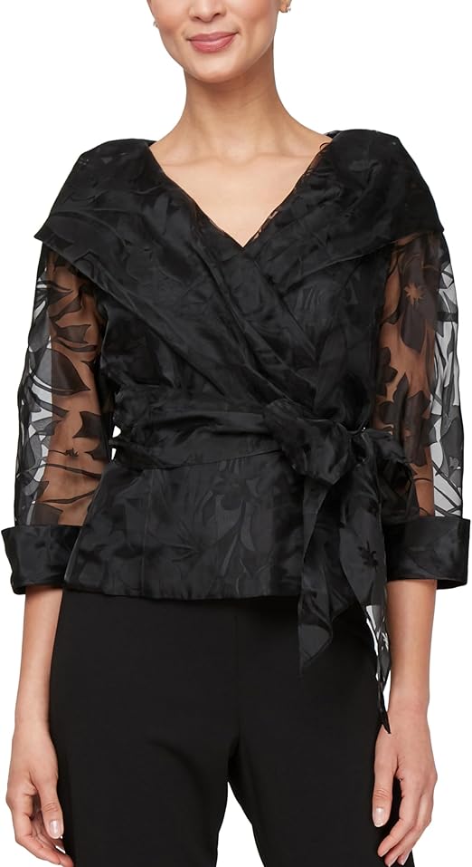 Alex Evenings Women's Portrait Collar Blouse, Black Burnout