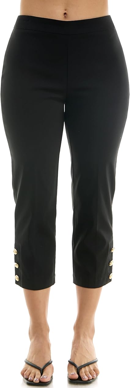 Zac & Rachel Women's Pull on Millenium Capri Pant with Elegant Triple Gold Button Ankle Detail