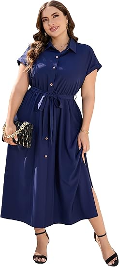 KOJOOIN Plus Size Maxi Dresses for Women Summer Tie Belt Work Polo Dress Business Casual Button Down Dress