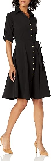 Sharagano Women's Button Front Pleated Shirt Casual Dress, Very Black, 22W