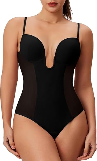 Thong Shapewear for Women Tummy Control Low Back U Plunge Backless Body Shaper Bra Faja with Open Crotch Bodysuit