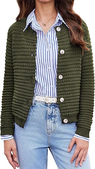 Knit Cardigan Sweaters for Women Tweed Cardigan Casual Long Sleeve Open Front Button Down Sweater Jacket Coats