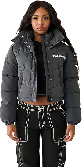 True Religion Brand Jeans Women's Double Collar Puffer Jacket, Black