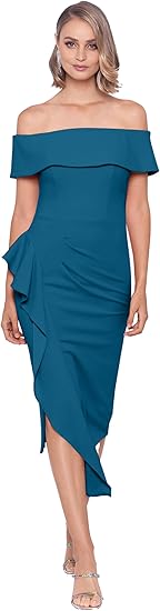 Betsy & Adam Women's Midi Off Shoulder Scuba Crepe Side Ruched Dress