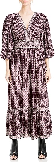 Max Studio Women's 3/4 Puff Sleeve V-Neck Maxi Dress