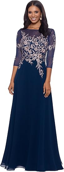 Betsy & Adam Women's Long 3/4 Sleeve Embroidered Chiffon Gown