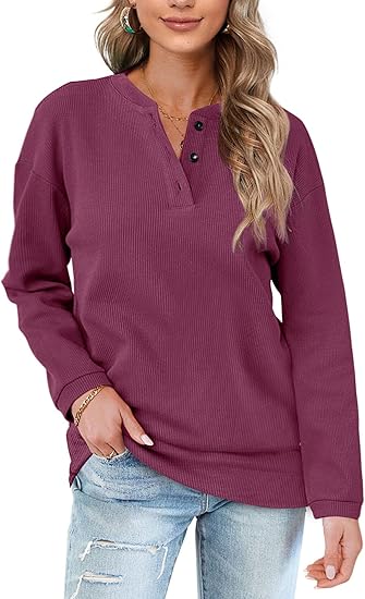 OFEEFAN Womens Casual Sweatshirts Henley Button Up Long Sleeve Tunic Tops