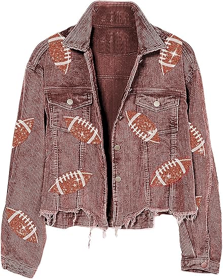 SCUSTY Women's Football Sequin Patched Jacket Cropped Corduroy Shacket Coat Long Sleeve Short Oversized Outwear