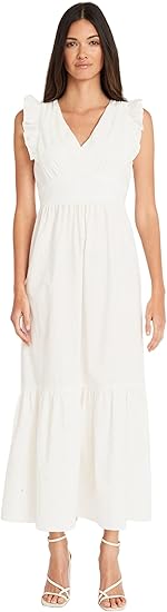 Maggy London Women's V-Neck Ruffle Details Cotton Poplin Maxi Dress