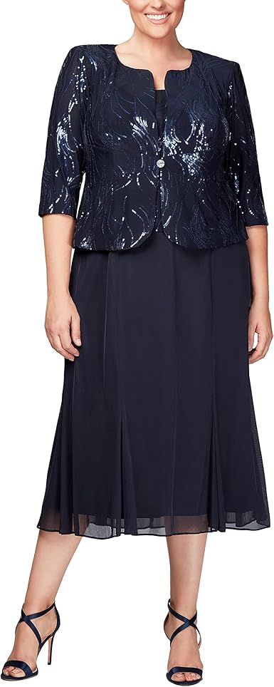 Alex Evenings Women's Size Tea Length Button-Front Jacket Dress, Navy, 22 Plus