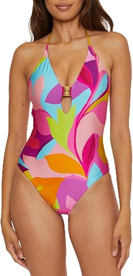 Trina Turk Women's Standard Lilleth One Piece Swimsuit, Plunge Neck, Floral Print, Bathing Suits