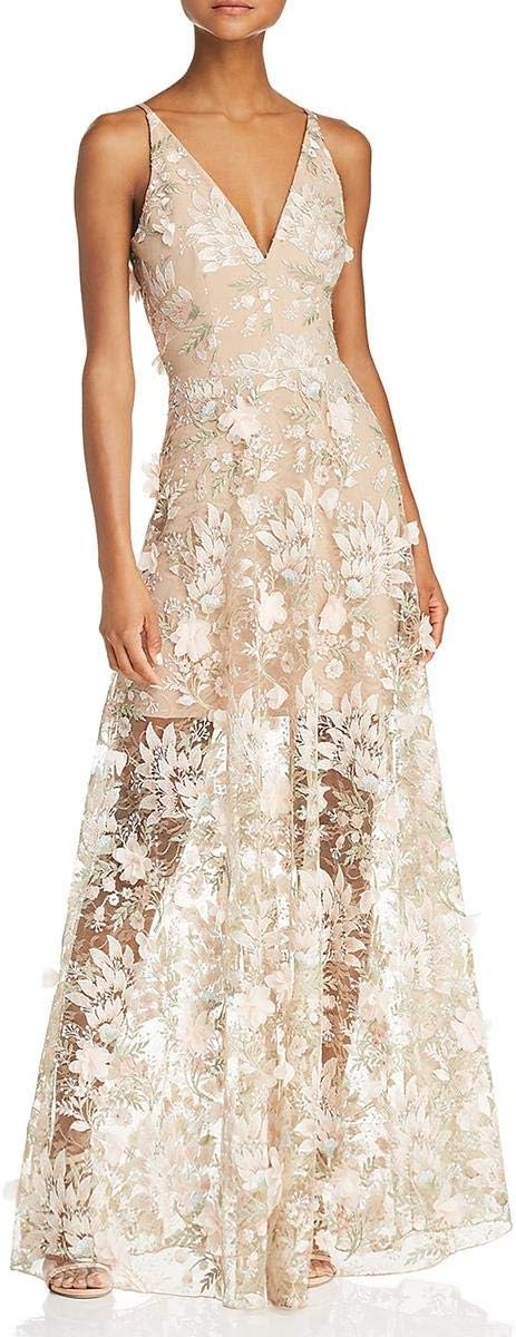 Dress the Population Women's Embellished Plunging Gown Sleeveless Floral Long Dress