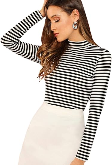 Floerns Women's Mock Turtleneck Long Sleeve Slim Fit Stretch Striped T-Shirts Tunic Tops Fall Fashion Trendy Outfits Clothes