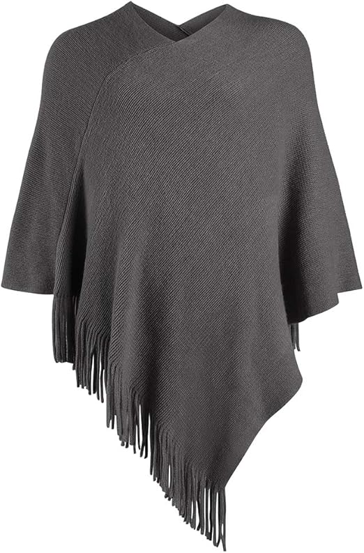 Women Poncho Sweater V Neck Solid Knit Pullover Cape Lightweight Shawl Elegant Wrap with Fringes Gifts for Women