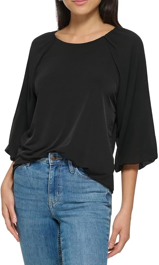 Calvin Klein Women's Loose Fitted Matte Jersey Mixed Media Lantern Sleeve Blouse