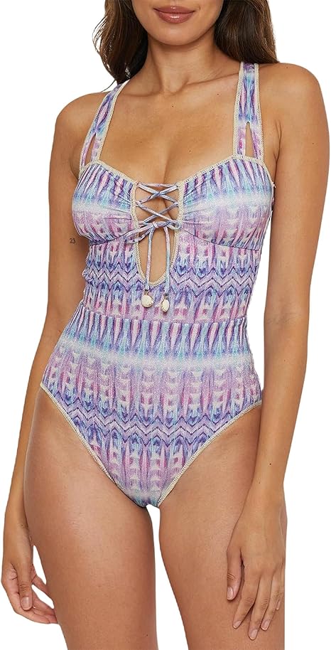 BECCA Women's Standard Tulum One Piece Swimsuit, Abstract Print, Adjustable, Tie Back, Bathing Suits