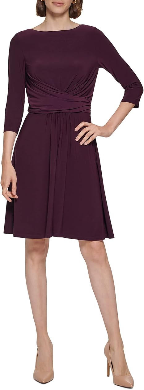 Tommy Hilfiger Women's 3/4 Sleeve Jersey Fit-and-flare Wrap Detail Dress