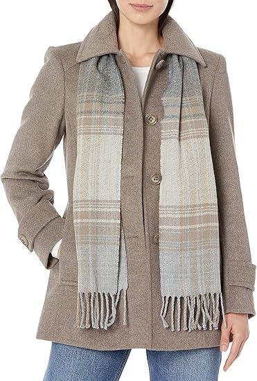 LONDON FOG Women's Single-Breasted Wool Blend Coat with Scarf