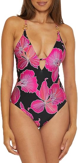 Trina Turk Women's Fleury One Piece Swimsuit, Plunge Neck, Floral Print, Adjustable, Tie Back, Bathing Suits