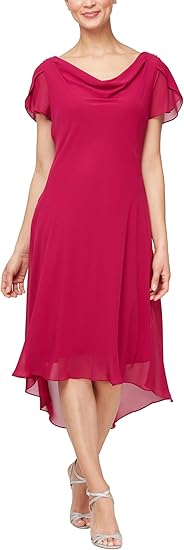 S.L. Fashions Women's Midi Cowl Neck Dress with Flutter Sleeve and Embellishment at Shoulder