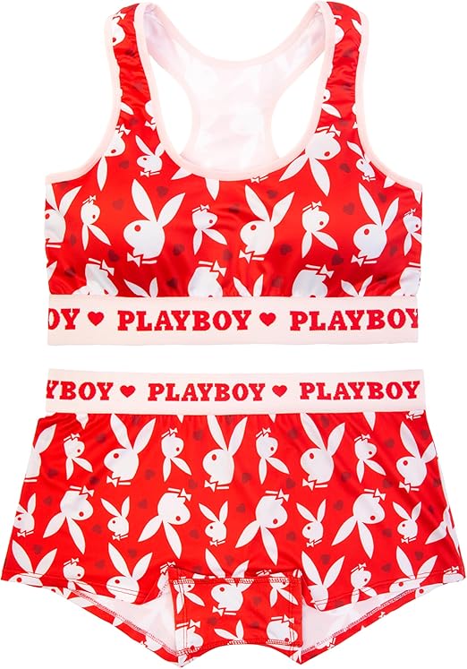 Playboy womens Juniors Ladies Bunny Heart Toss Sports Bra & Boy Short Underwear Sets in Sizes S-xl