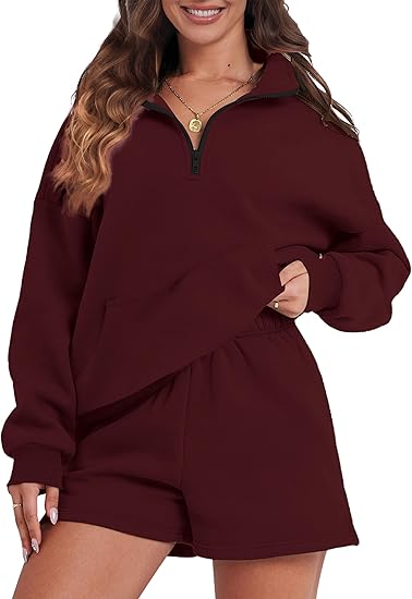 Womens Sweatsuits 2 Piece Outfits Half Zip Sweatshirt Sweat Shorts with Pockets Lounge Sets