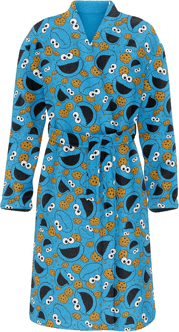 Cookie Monster SUPER PLUSH Full-Length Long Sleeve Fleece Wrap Robe with Cookie Toss Design, One size