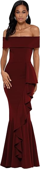 Betsy & Adam Women's Long Off Shoulder Cascade Ruffle Stetch Scuba Crepe Gown