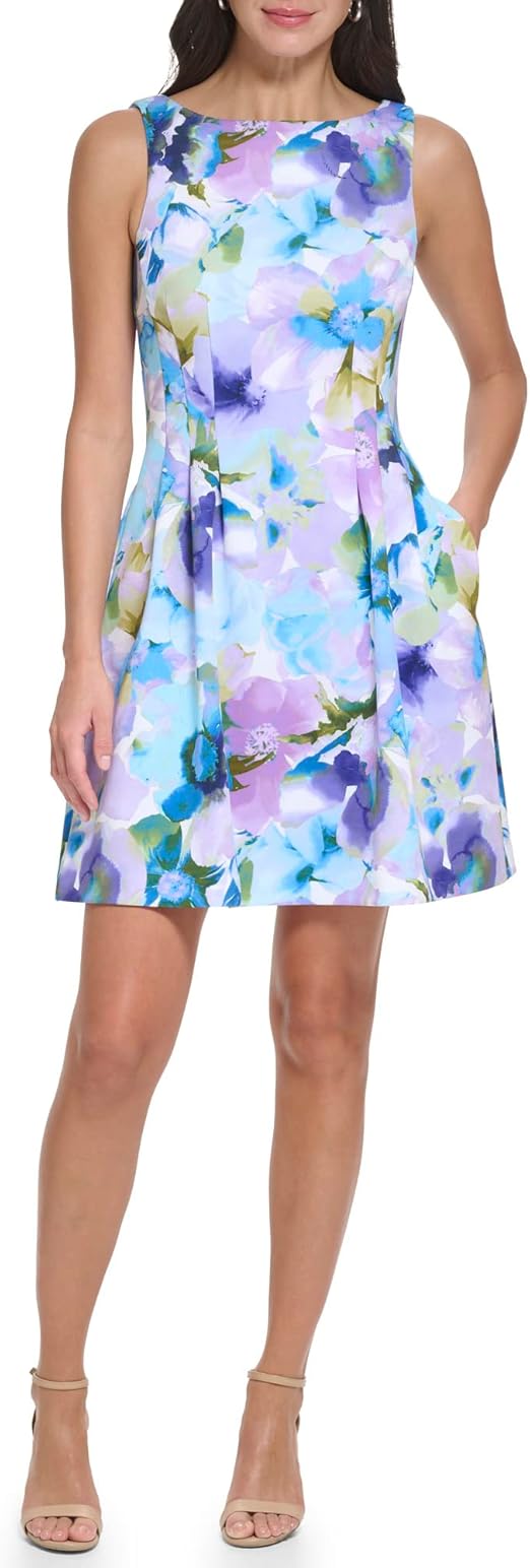 Jessica Howard Women's Petite Printed Scuba Fit & Flare Casual Dress