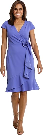 London Times Women's Feminine Ageless Surplice V-Neck Faux Wrap Ruffle Dress Office Event Shower Guest of