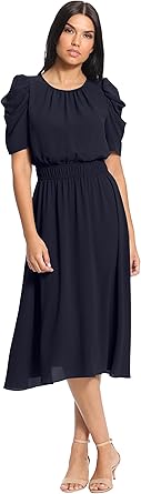 London Times Women's Caterpillar Puff Sleeve Midi Dress - Gathered Waist A-Line Flowy Summer Dress