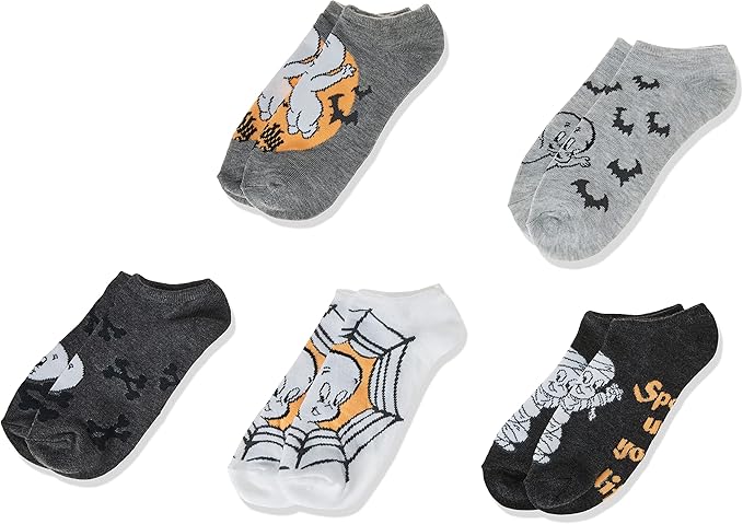 Universal Women's Casper Halloween 5 Pack No Show, Assorted Grey, Fits Sock Size 9-11 Fits Shoe Size 4-10.5