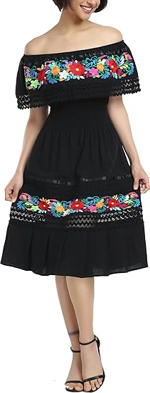 YZXDORWJ Mexican Dress for Women Embroidered Traditional Boho Theme Fiesta Floral Lace Off-Shoulder Ruffle Party Dress