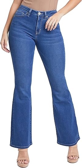 YMI Women's Hyper Denim Basic 5 Pkt 1 Btn Hr Flare Regular Inseam