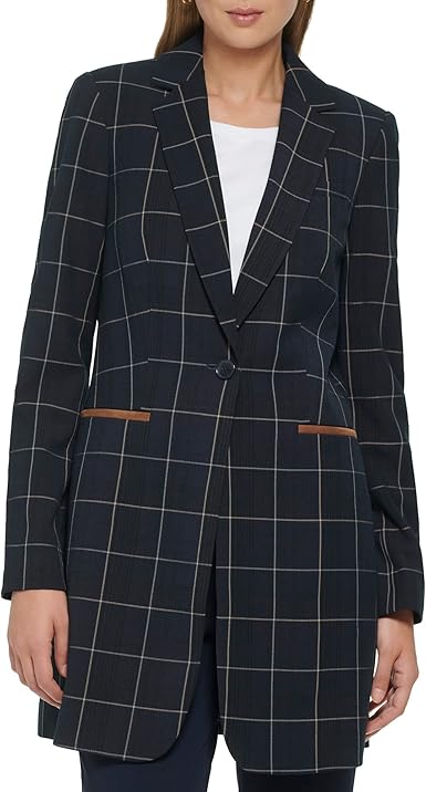 Tommy Hilfiger Women's Blazer – Topper Jacket with Windowpane Print and Single-Button Closure, Midnight/Grey Multi, 10