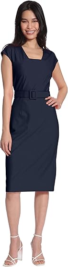 Maggy London Women's Square Neck Cap Sleeve Belted Dress with Pencil Skirt