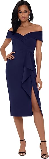 Xscape Women's Knee Length Off-The-Shoulder Scuba Side Slit Dress