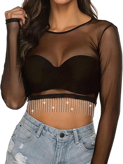 MYMORE Women Nashville Rhinestone Fringe Mesh Crop Top Sheer See Through Sparkly Long Sleeve Rave Concert Outfit