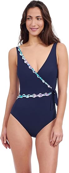 Profile by Gottex Harmony Navy Ruffle Trim Women’s Surplice Side Tie One Piece Bathing Suit Swim Essential