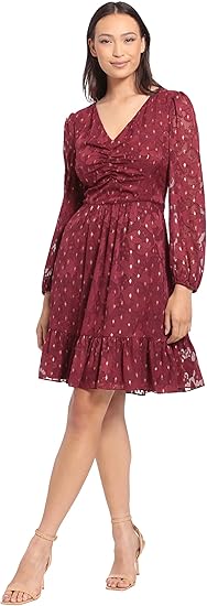 London Times Women's V-Neck Ruched Waist Tiered Skirt Dress