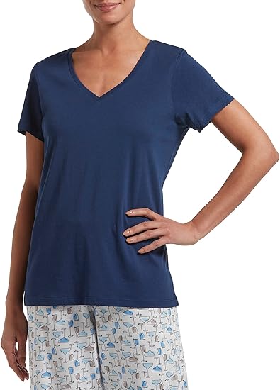 HUE Women's Sleepwell Basic Short Sleeve V-Neck T-Shirt for Lounging Or Sleeping, Made with Temperature Regulating Technology