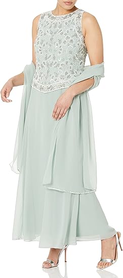 J Kara Women's Petite Long Beaded V Trim Detail Gown with Scarf